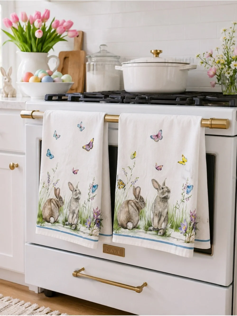 Williams Sonoma Unused Bunny Butterfly Tea Towels Set 2 Easter Floral